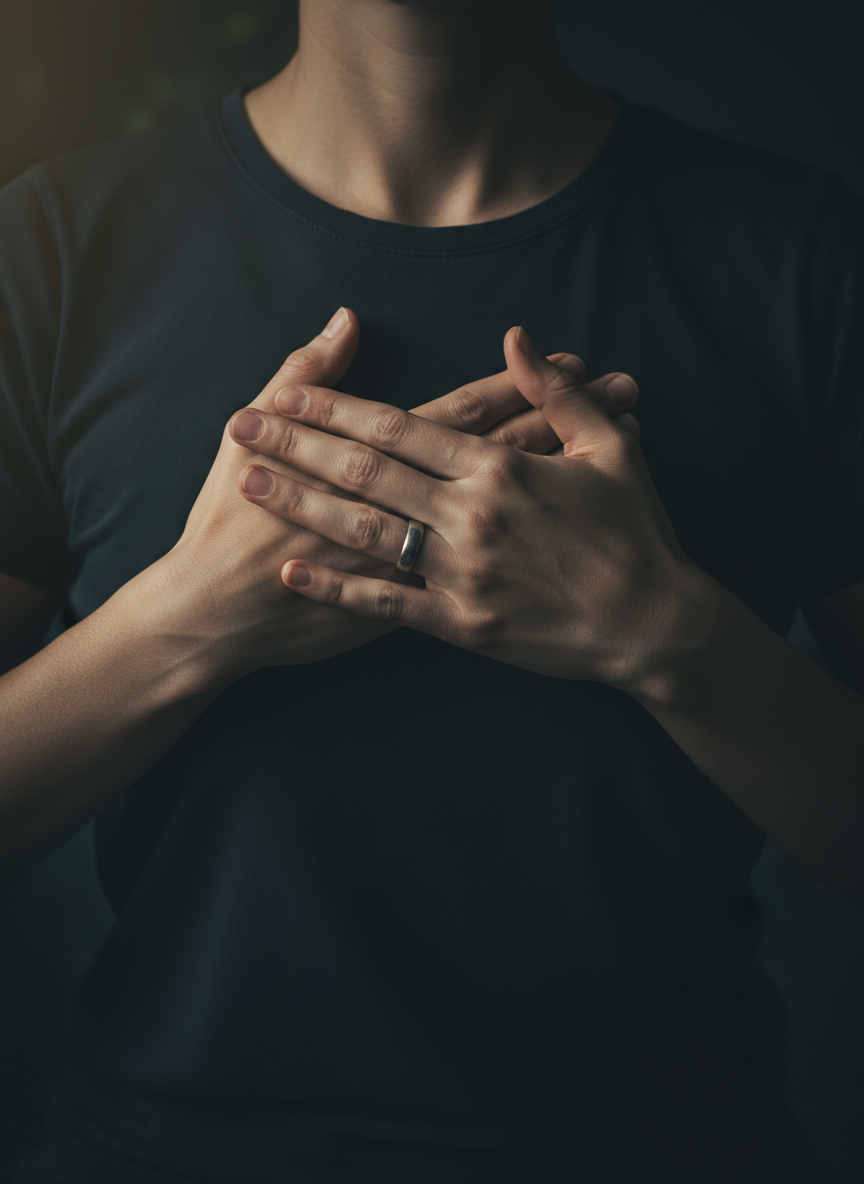 Calm hands resting gently over the heart center in a meditation pose, soft light, deep dark background